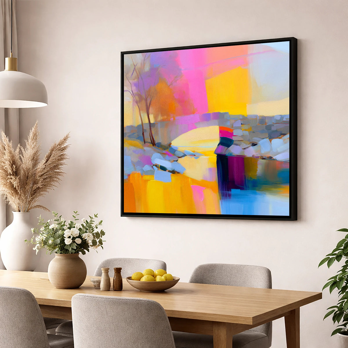 Stone Bridge Under Fuchsia Sky lake district waterfall wall art displayed in a dining room