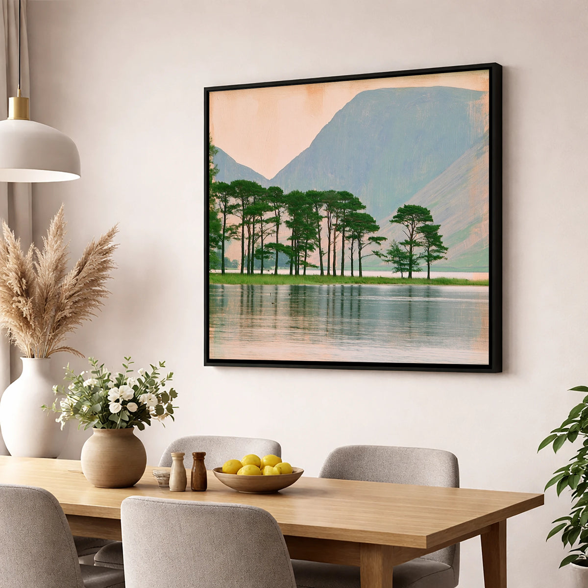Buttermere Pines in Still Water lake district lake wall art displayed in a dining room