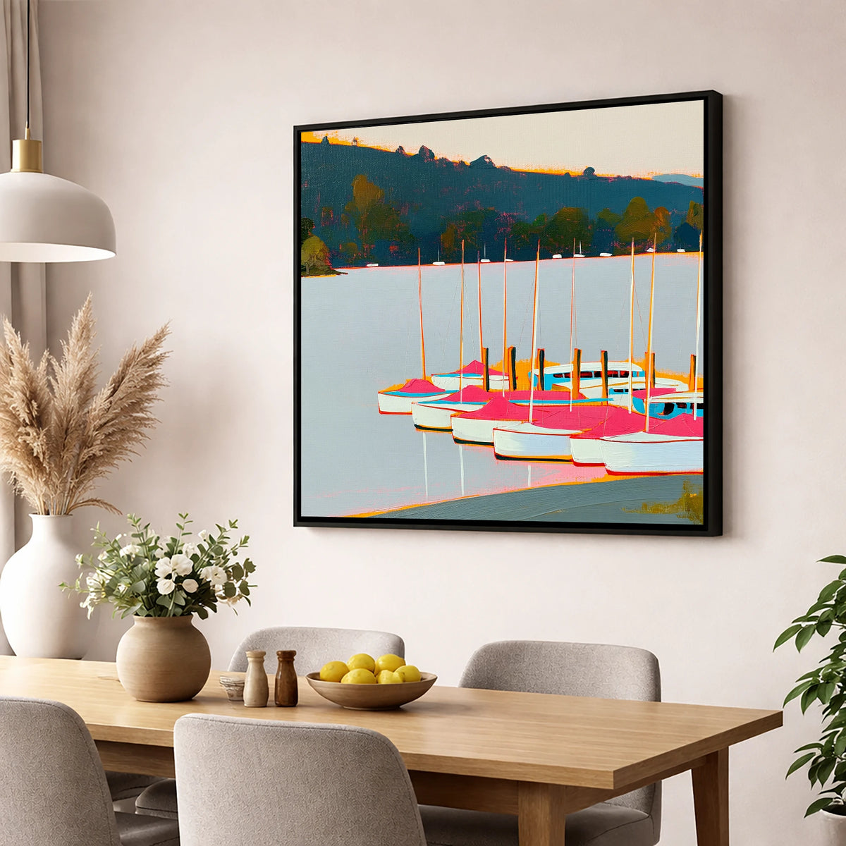 Vibrant Pink Boats on Windermere lake district lake wall art displayed in a dining room