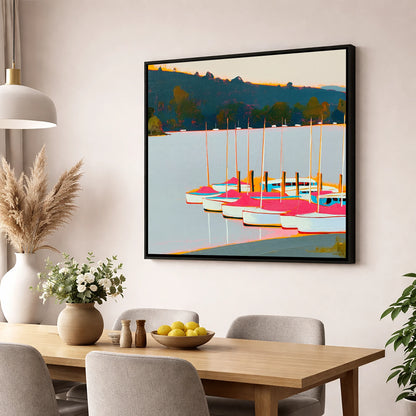 Vibrant Pink Boats on Windermere lake district lake wall art displayed in a dining room
