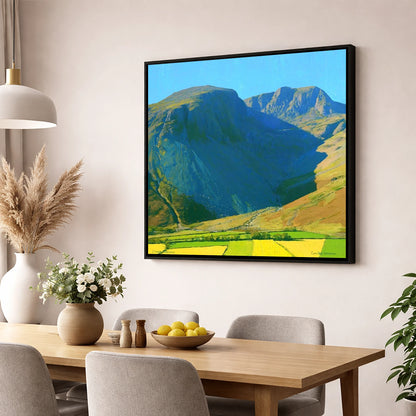 Sunlit Scafell Peaks and Ravine lake district fell wall art displayed in a dining room