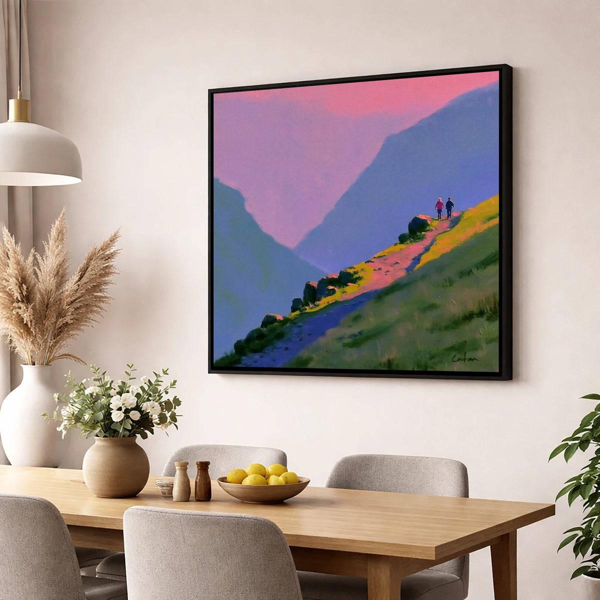 Walkers on a Vivid Mountain Path lake district walking wall art displayed in a dining room