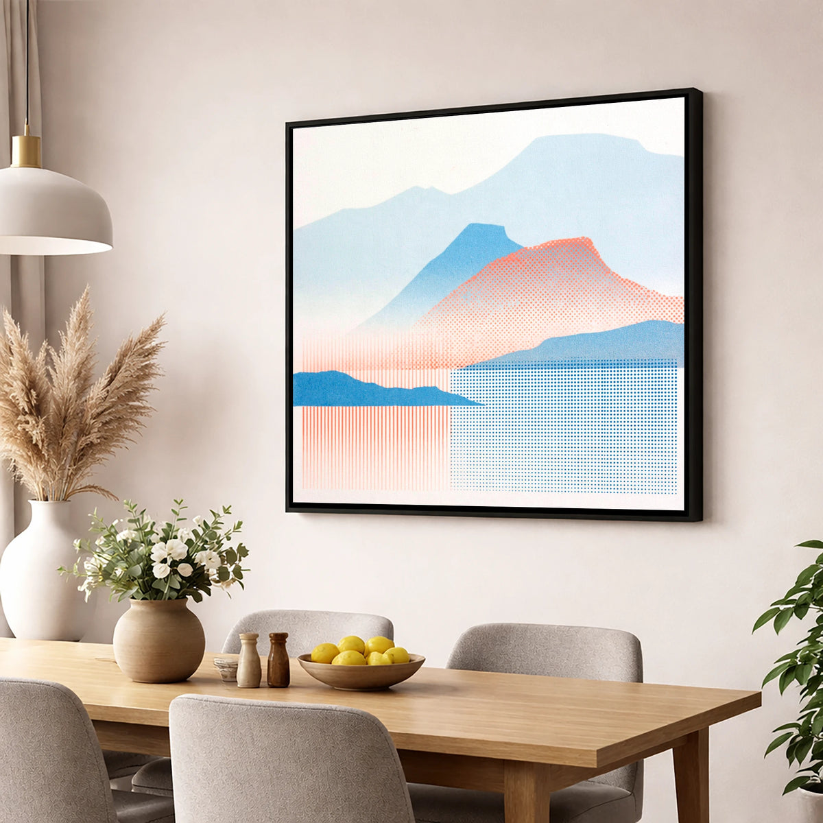 Catbells in Coral and Blue lake district fell wall art displayed in a dining room