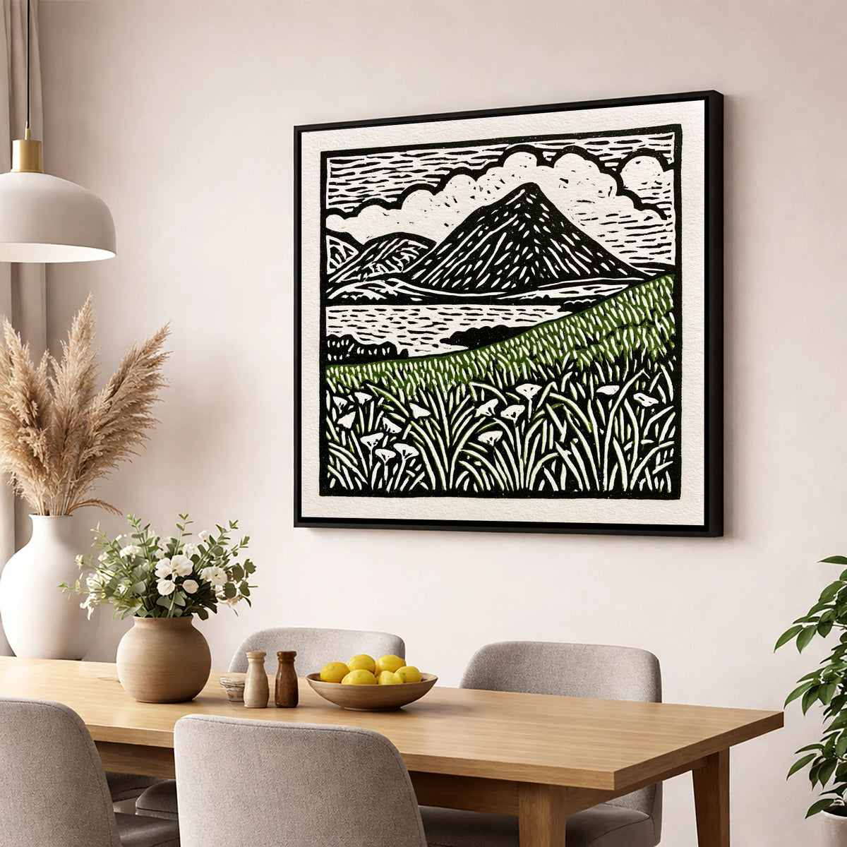 Bold Catbells and Wild Grasses lake district fell wall art displayed in a dining room