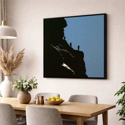 Silhouetted Climbers on a Crag lake district walking wall art displayed in a dining room