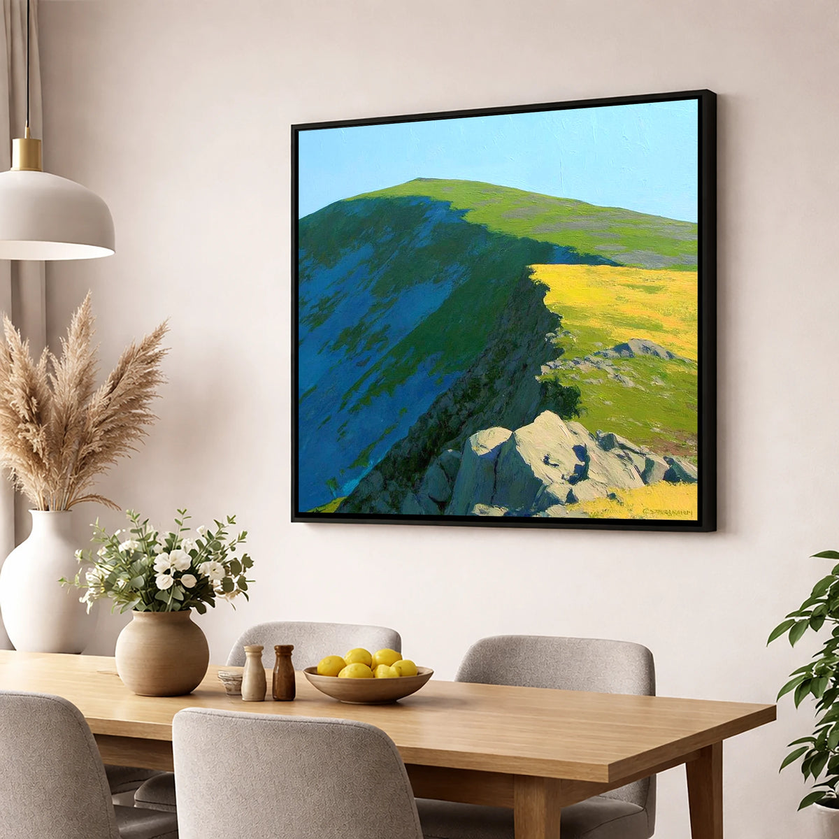Vibrant Light on High Raise lake district fell wall art displayed in a dining room