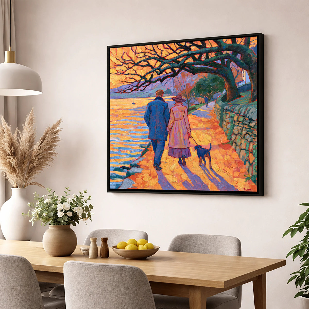Sunset Dog Walk at Hawkshead gifts for dog walkers wall art displayed in a dining room