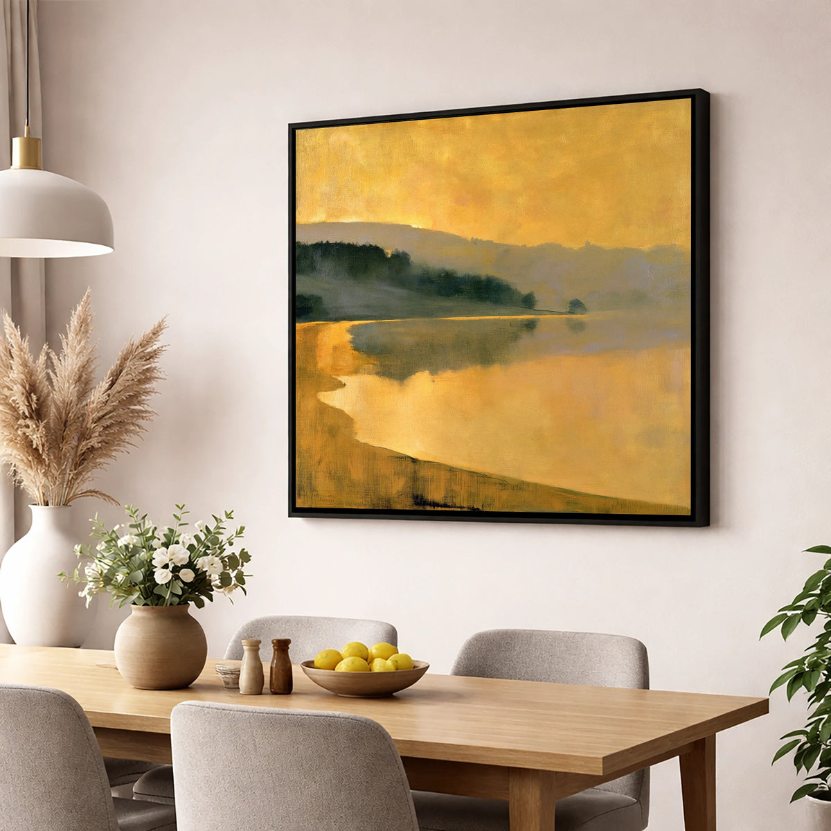 Ochre Dawn Over the Lake lake district lake wall art displayed in a dining room