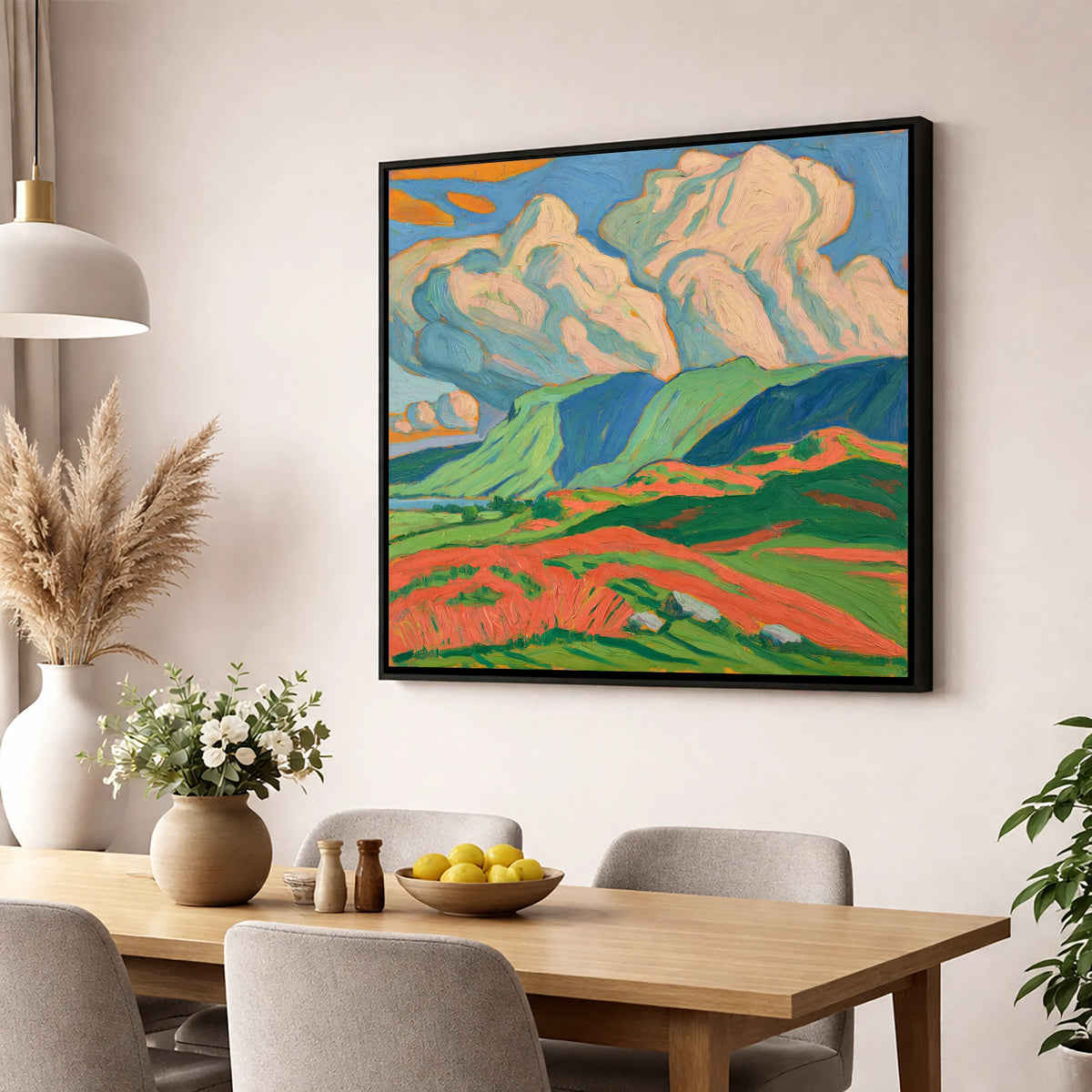 Vibrant Storm Clouds Over the Fells lake district sky wall art displayed in a dining room