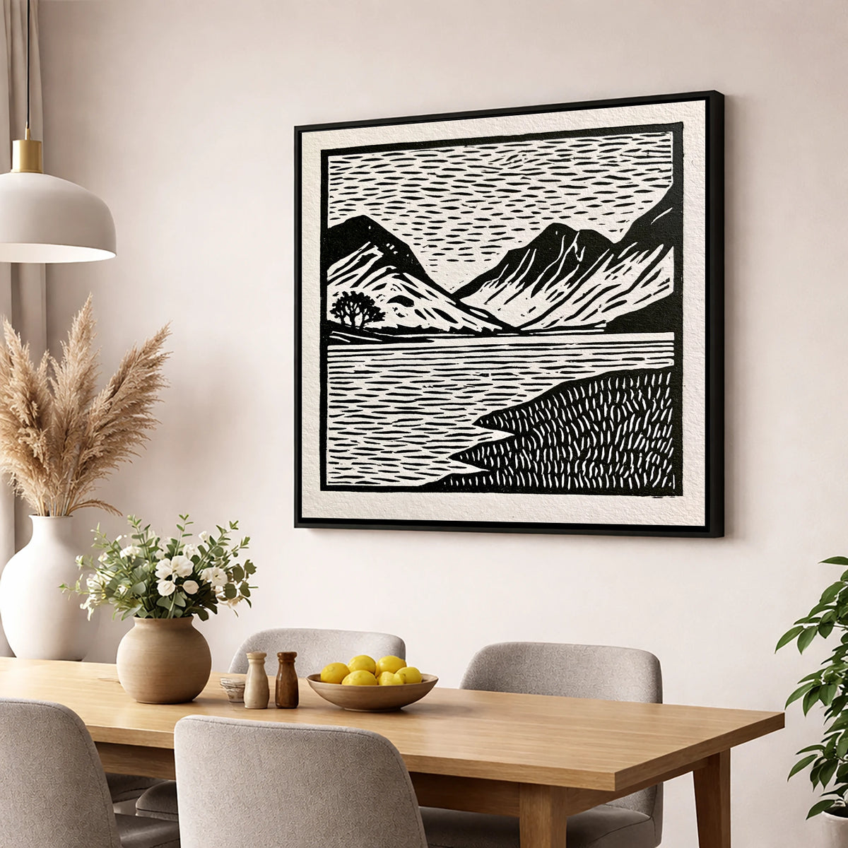 Black and White Buttermere Fells lake district lake wall art displayed in a dining room