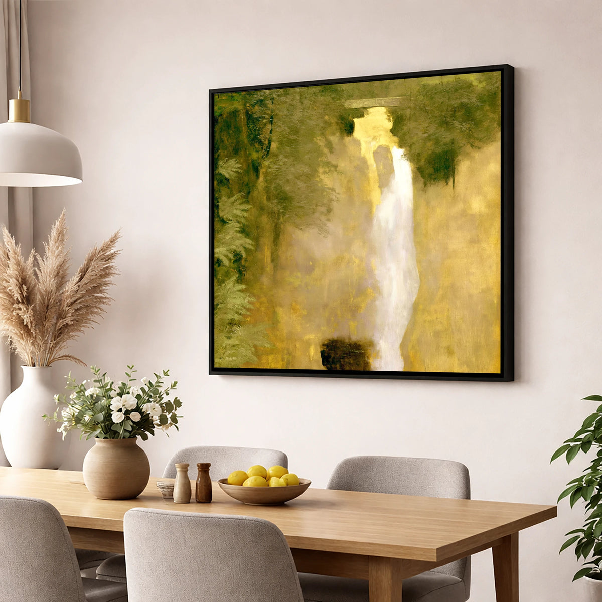Golden Light at Aira Force lake district waterfall wall art displayed in a dining room