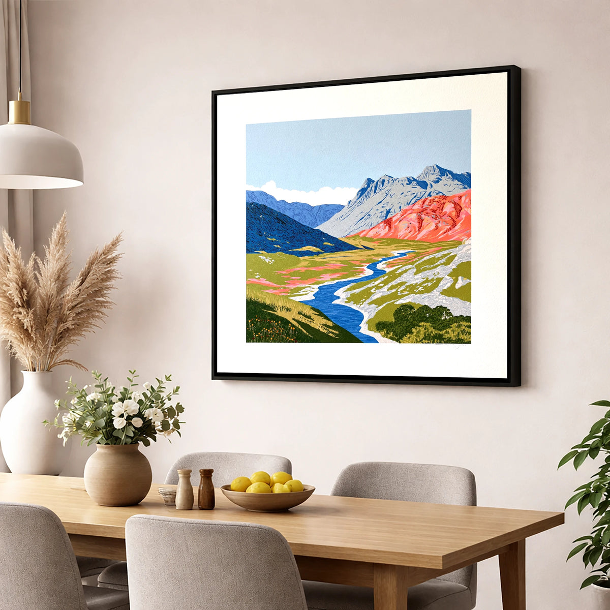 Coral Fells Of Great Langdale lake district valley wall art displayed in a dining room