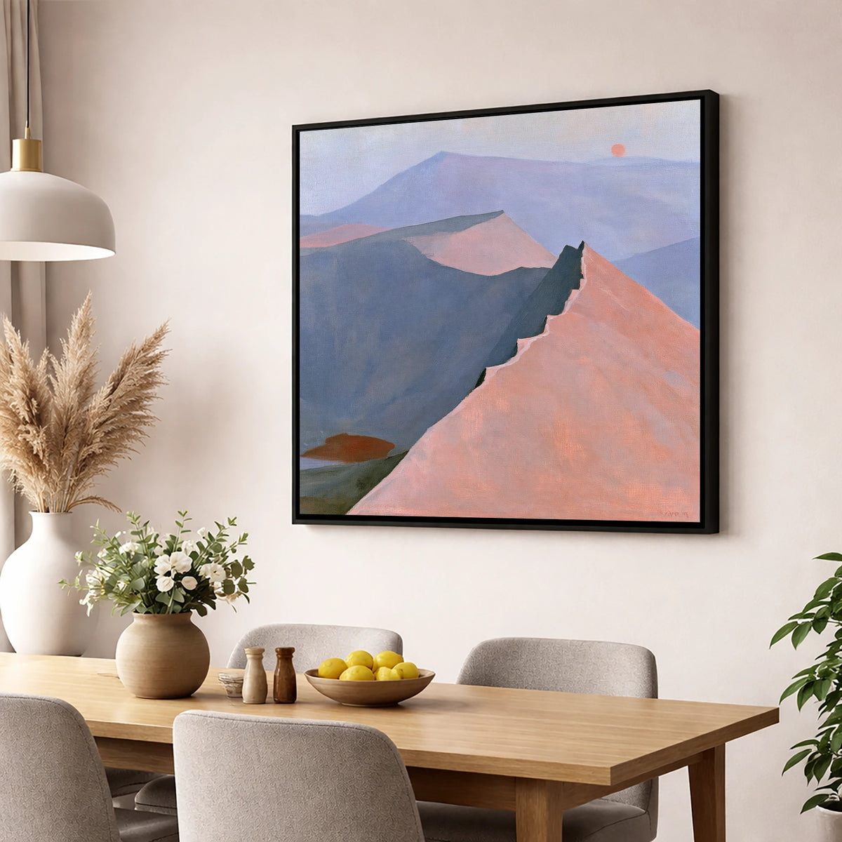 Striding Edge in Peach Light lake district walking wall art displayed in a dining room
