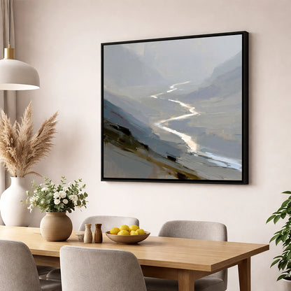Winding River in Misty Valley lake district waterfall wall art displayed in a dining room
