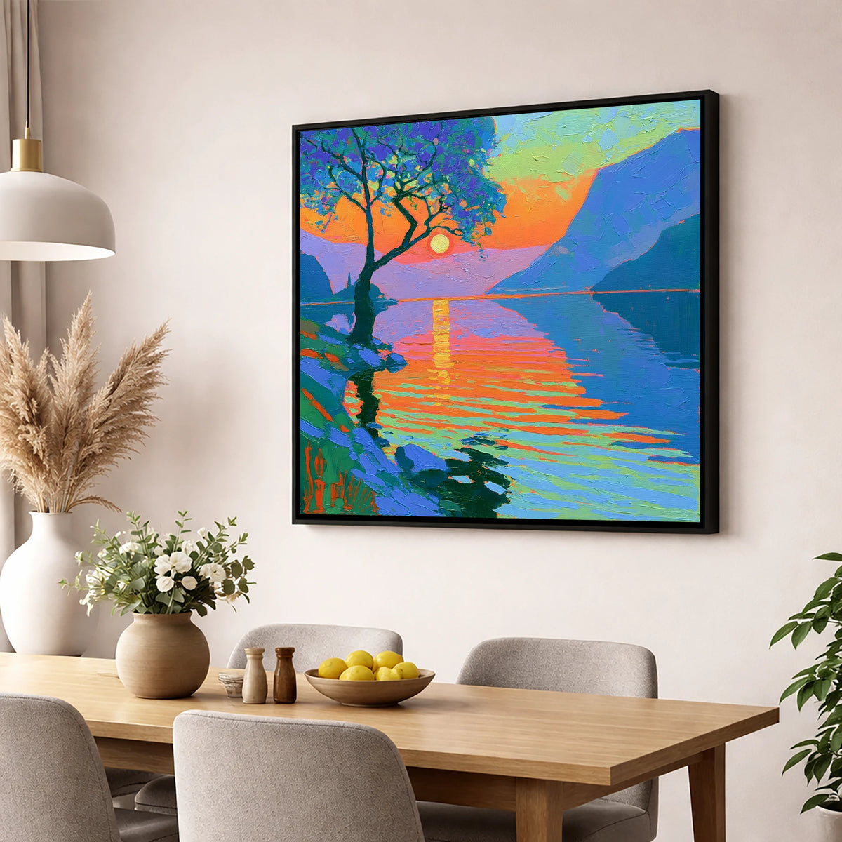 Radiant Sunset Over Lake Water lake district lake wall art displayed in a dining room