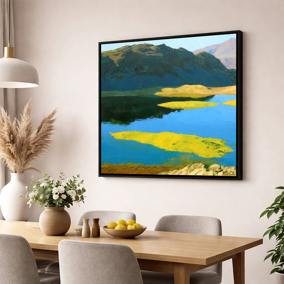 Angletarn Pikes Over Vibrant Islands lake district fell wall art displayed in a dining room