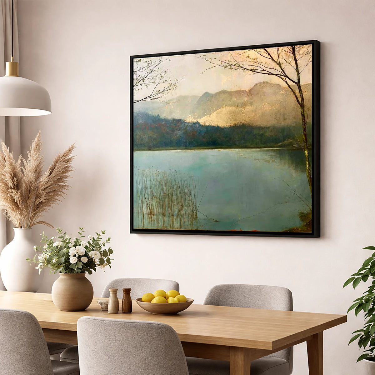 Gilded Light Over Elter Water lake district lake wall art displayed in a dining room