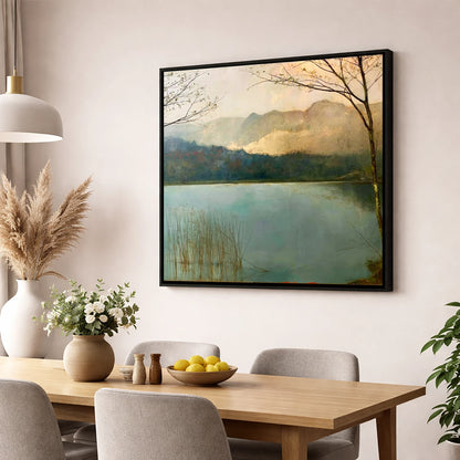 Gilded Light Over Elter Water lake district lake wall art displayed in a dining room
