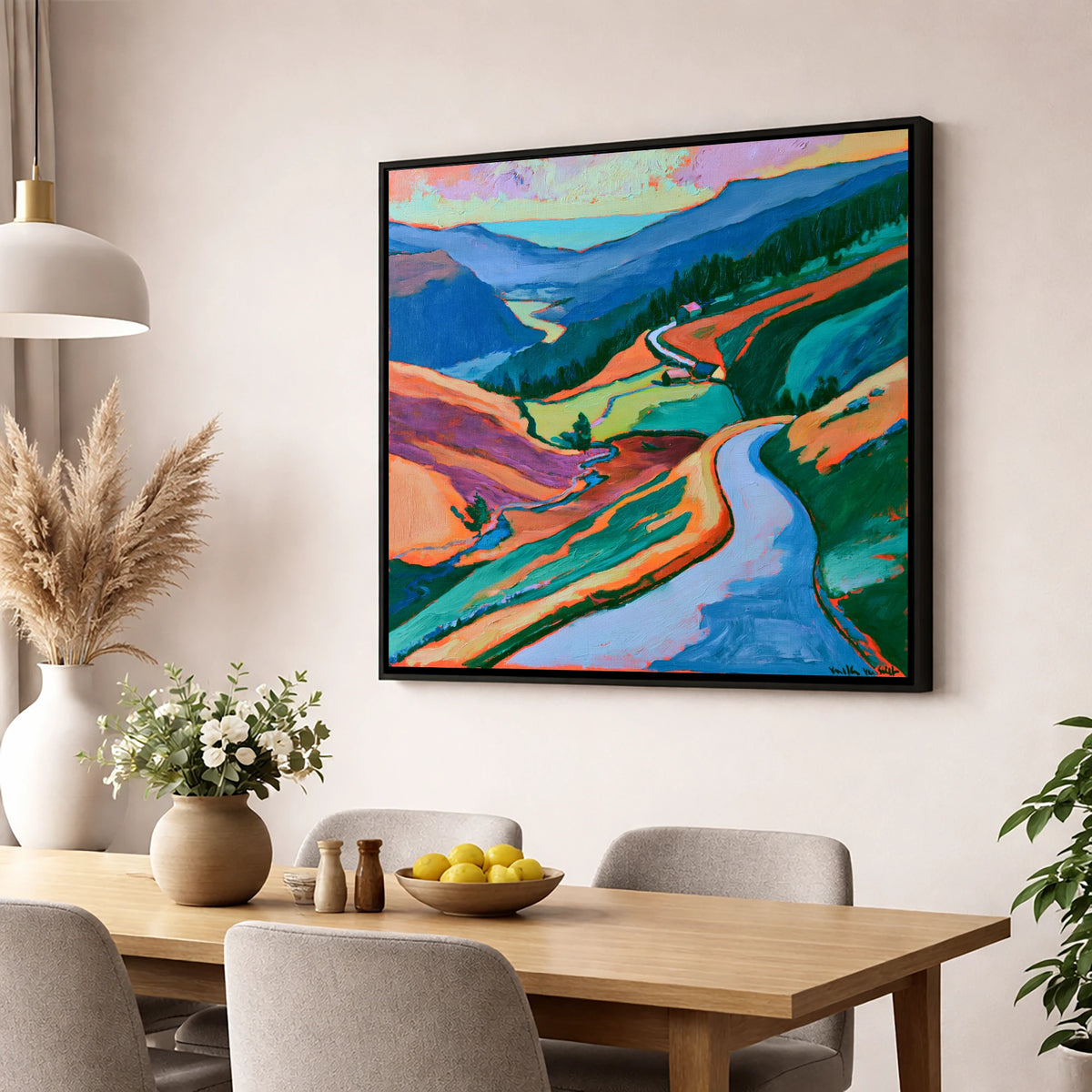 Mountain Pass Road in Vibrant Hues lake district valley wall art displayed in a dining room