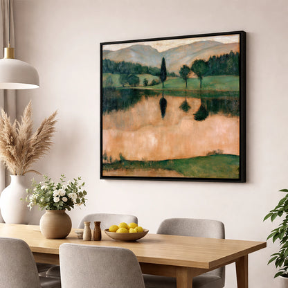 Warm Reflections on a Calm Lake lake district lake wall art displayed in a dining room