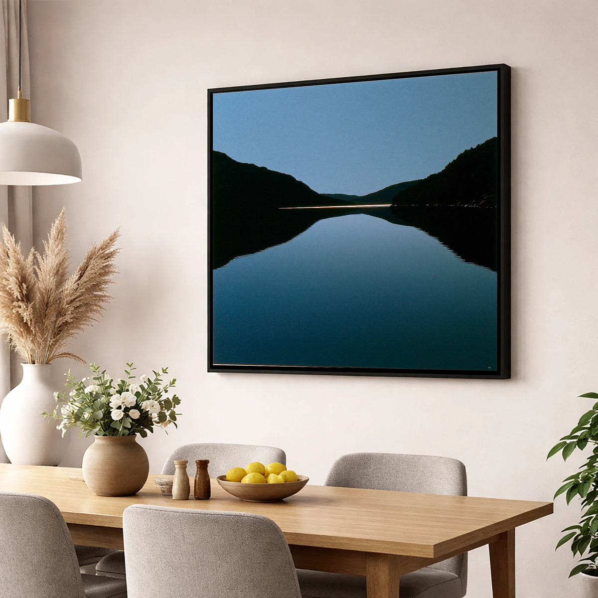 Midnight Blue Lake Reflection lake district lake wall art displayed in a dining room