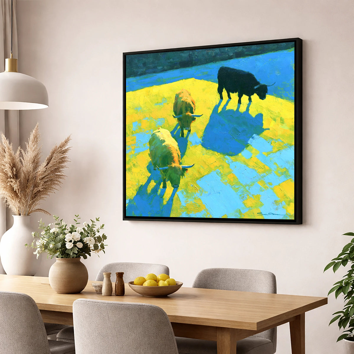 Vibrant Highland Cattle in Summer Light lake district wildlife wall art displayed in a dining room