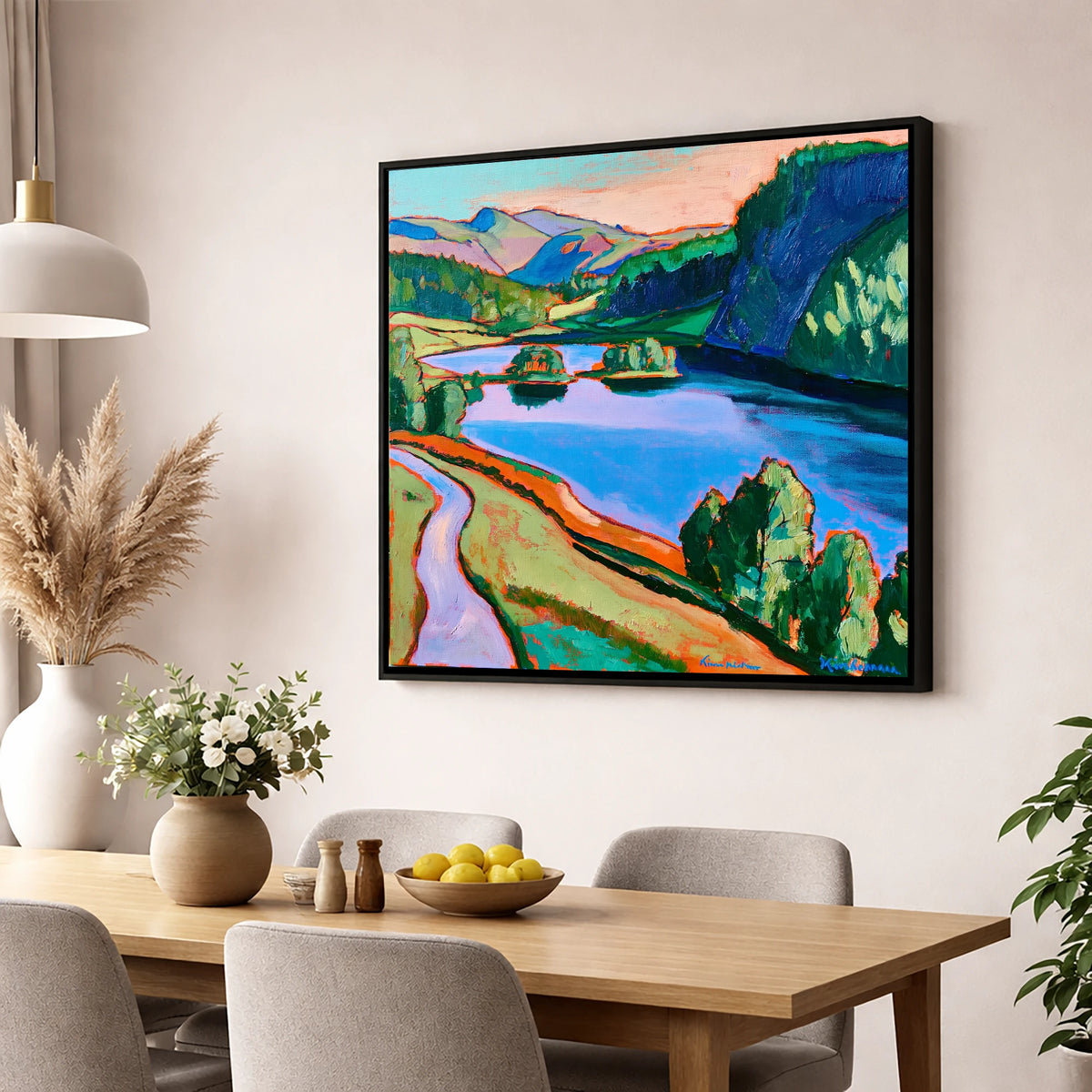 Colourful Path Beside Rydal Water lake district lake wall art displayed in a dining room