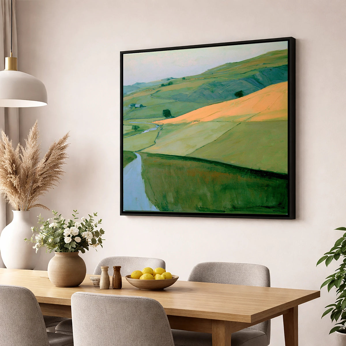 Evening Sun Across Lakeland Fells lake district sky wall art displayed in a dining room