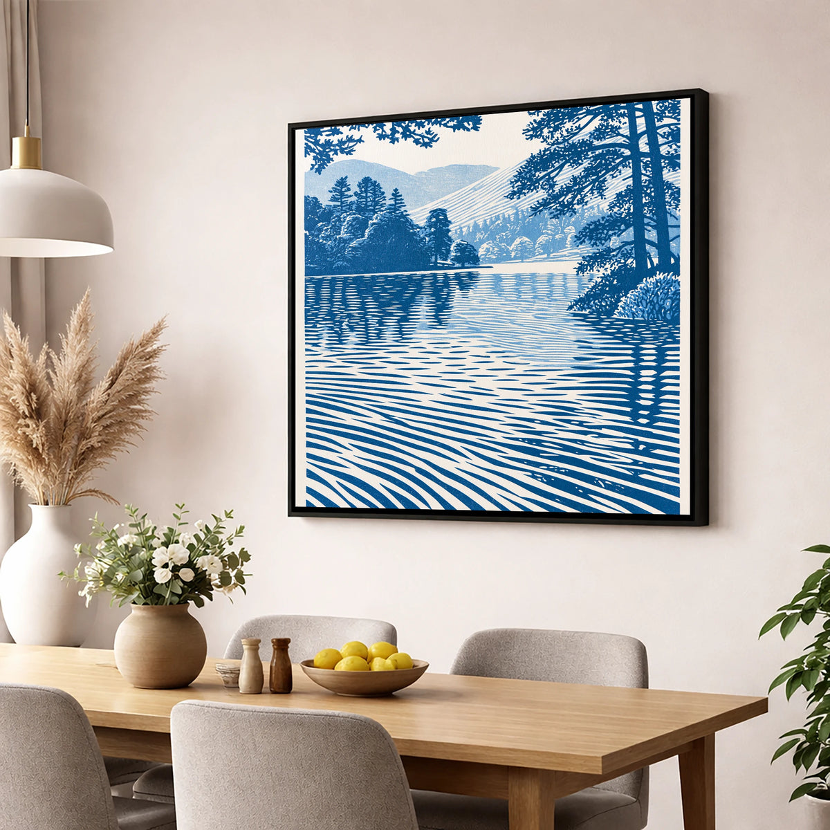Rippled Blue Lake at Dawn lake district lake wall art displayed in a dining room