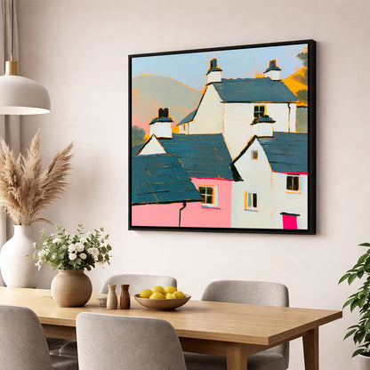 Vibrant Slate Roofed Cottages lake district village wall art displayed in a dining room
