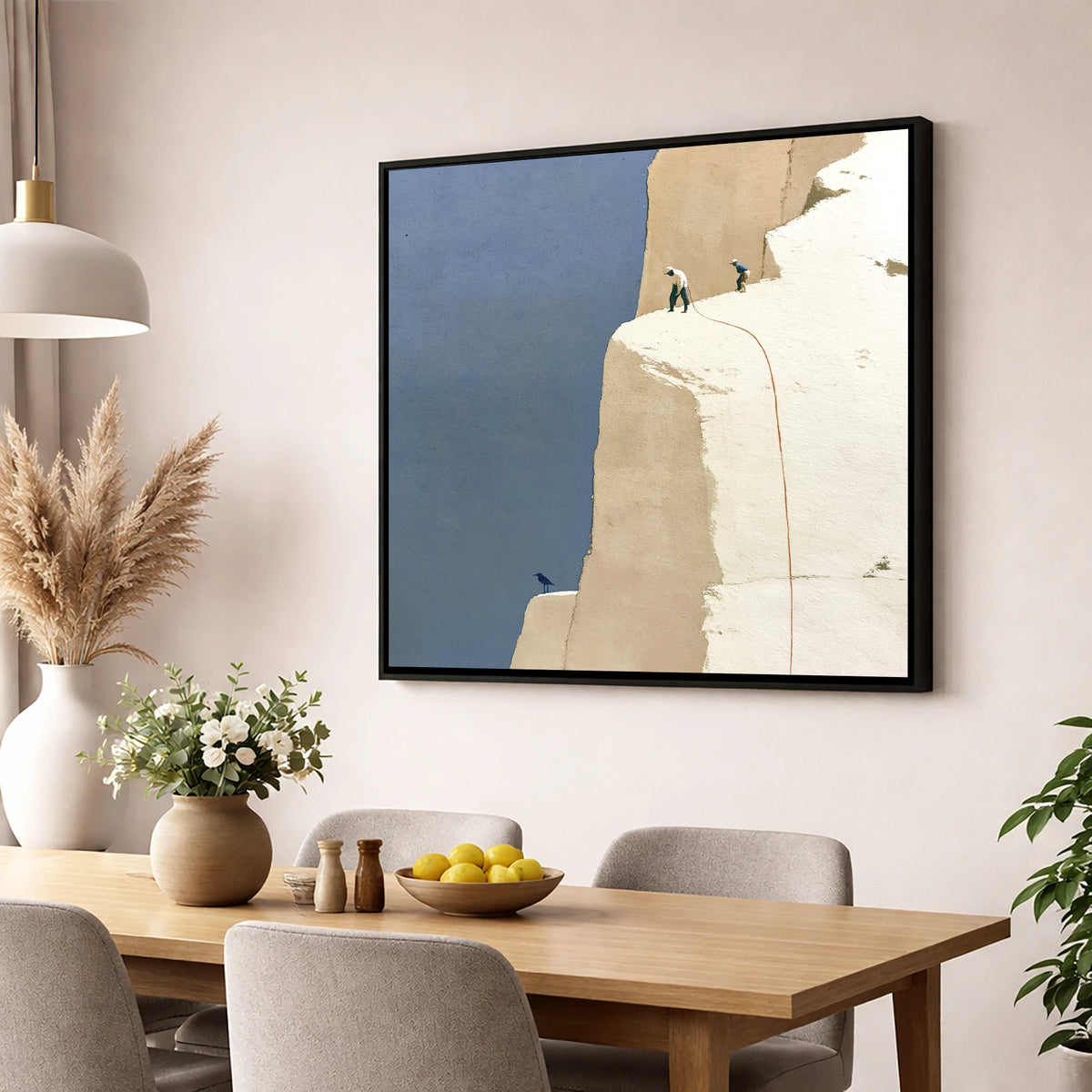 Climbers on High White Fell Ledges lake district walking wall art displayed in a dining room