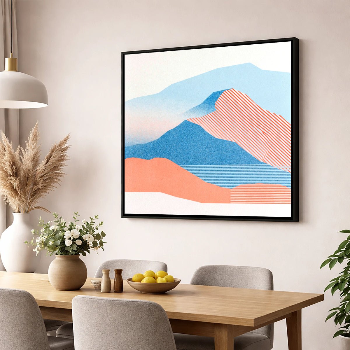 Graphic Coral Mountain Ridge lake district fell wall art displayed in a dining room