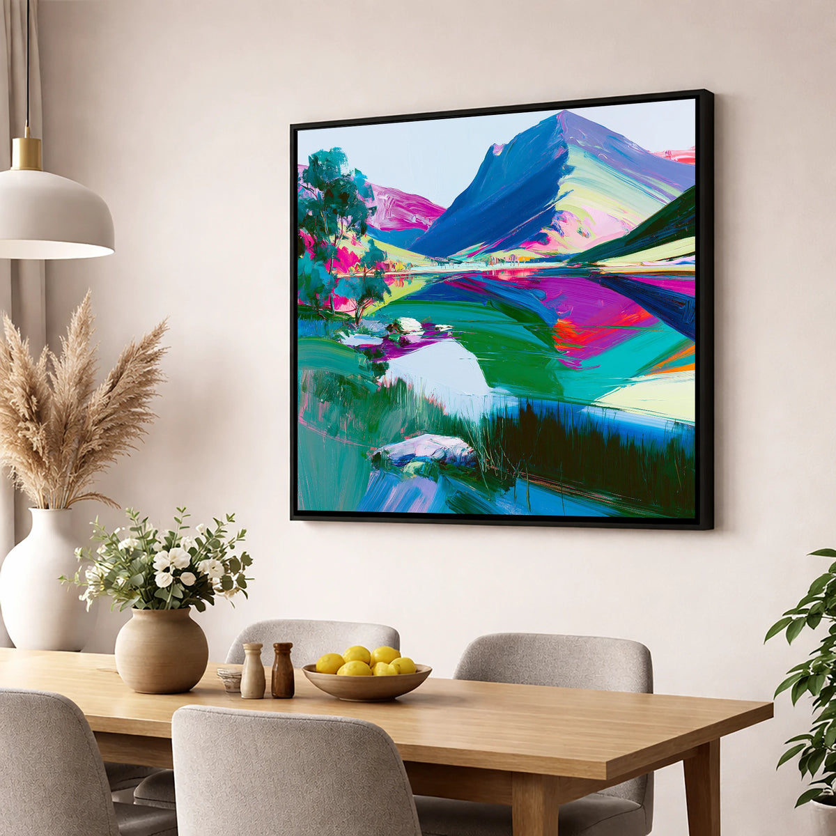 Vivid Lake District Mountain Reflection lake district fell wall art displayed in a dining room