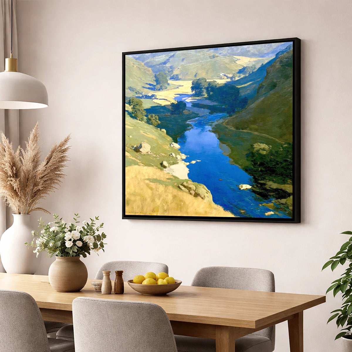 Vivid Blue Winding River Valley lake district waterfall wall art displayed in a dining room