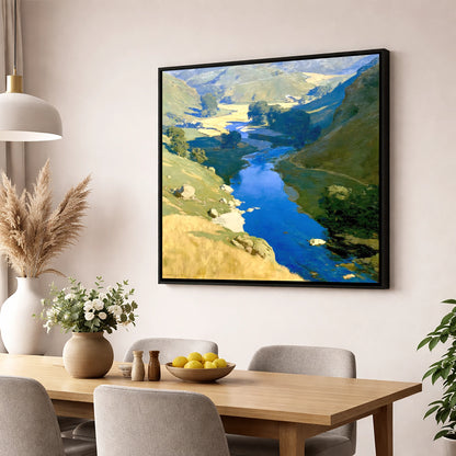 Vivid Blue Winding River Valley lake district waterfall wall art displayed in a dining room