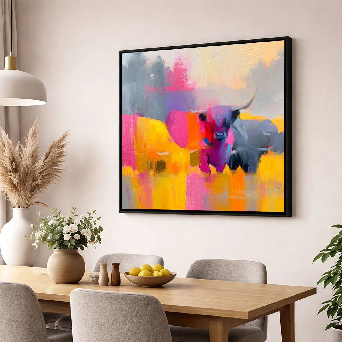 Colourful Highland Cattle Portrait lake district wildlife wall art displayed in a dining room