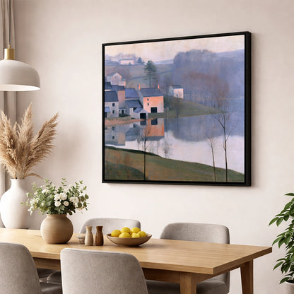 Pastel Lakeside Village Reflections lake district village wall art displayed in a dining room