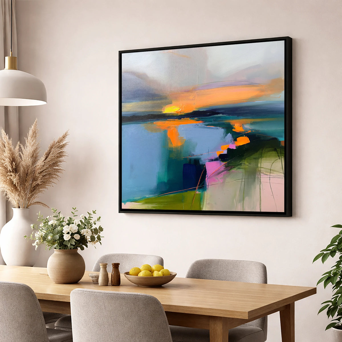 Abstract Sunset Over Lake Water lake district lake wall art displayed in a dining room