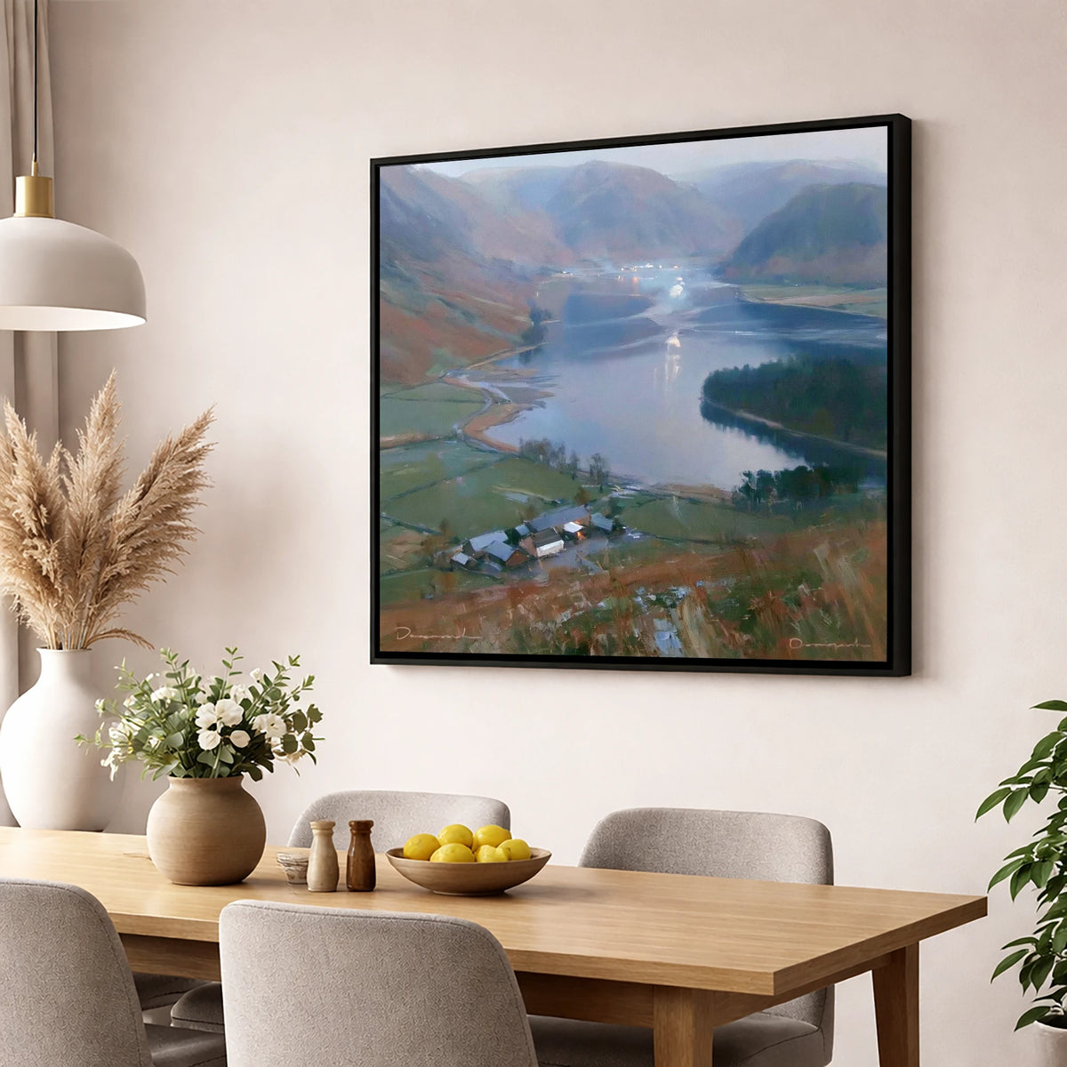 Loweswater Valley Under Silver Light lake district lake wall art displayed in a dining room
