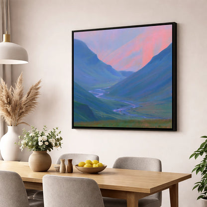 River Valley in Pink Twilight lake district waterfall wall art displayed in a dining room