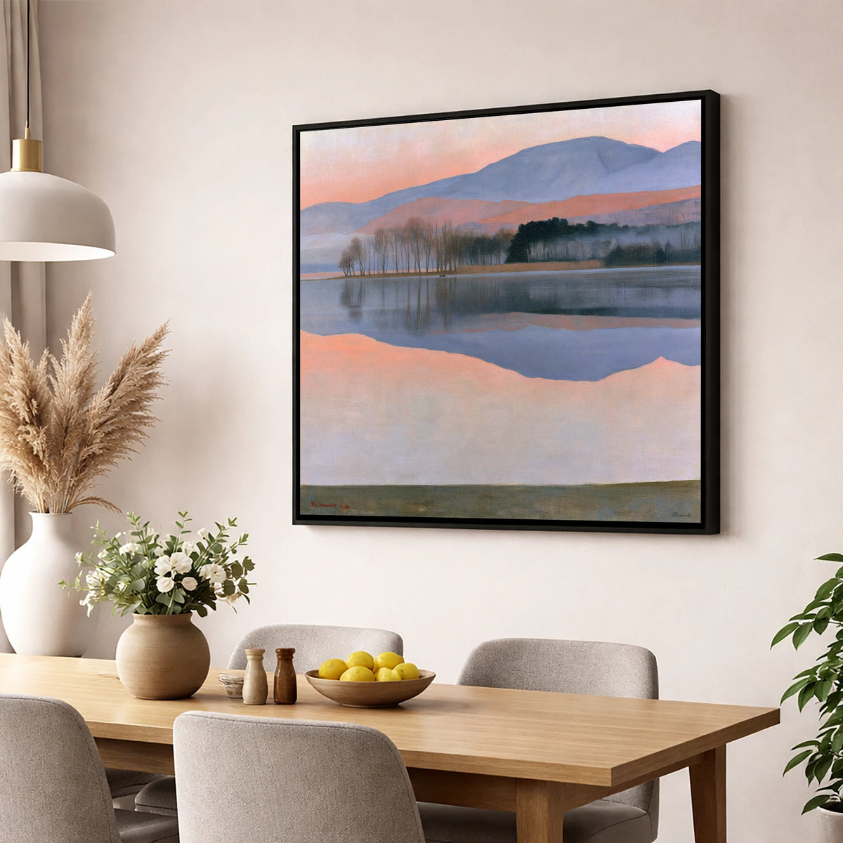 Pastel Dawn Lake Reflection lake district lake wall art displayed in a dining room