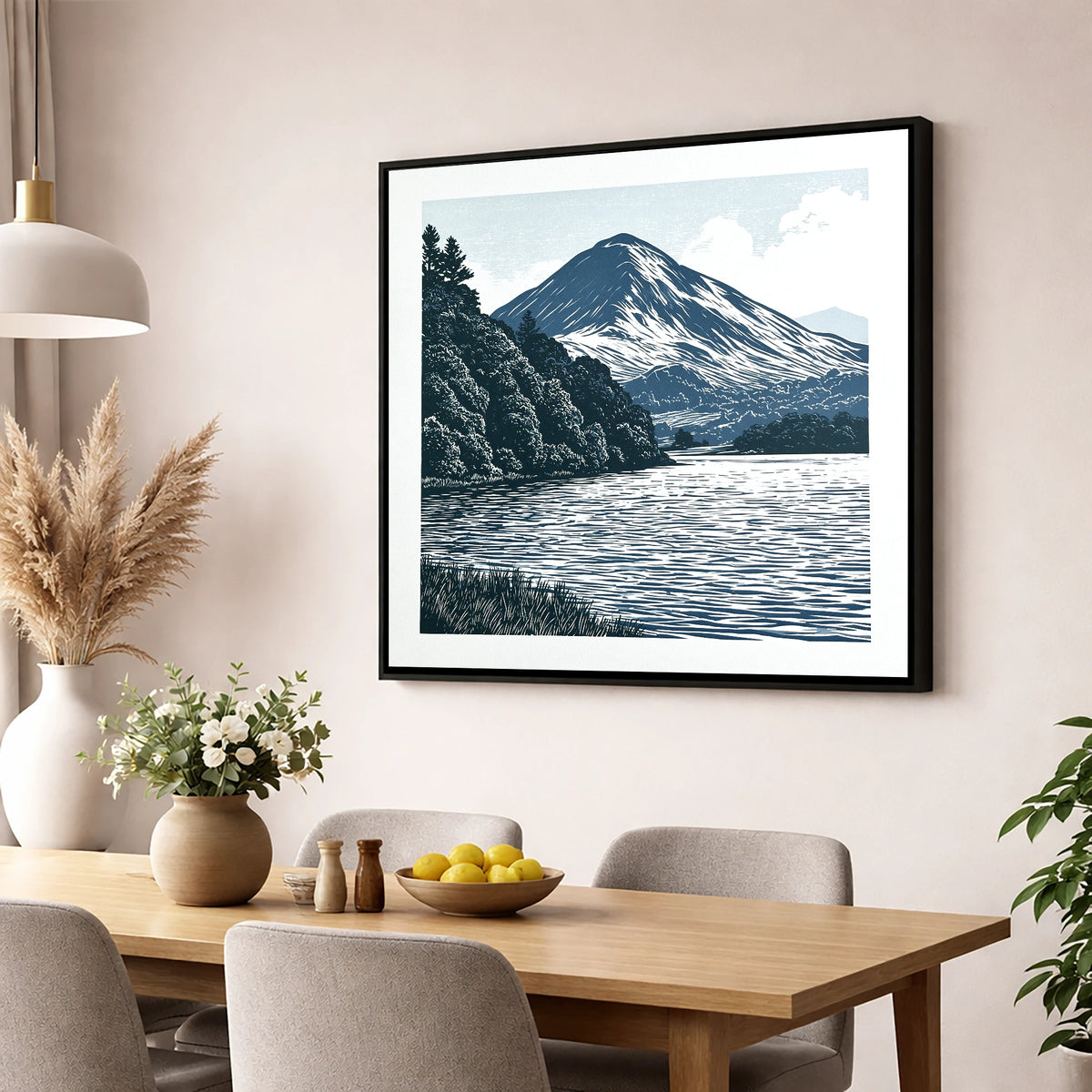 Catbells in Slate and Navy lake district fell wall art displayed in a dining room