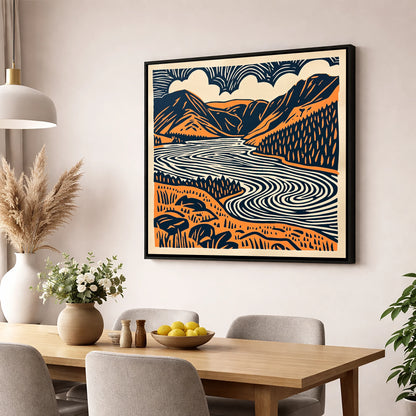 Navy and Terracotta Crummock Water lake district lake wall art displayed in a dining room
