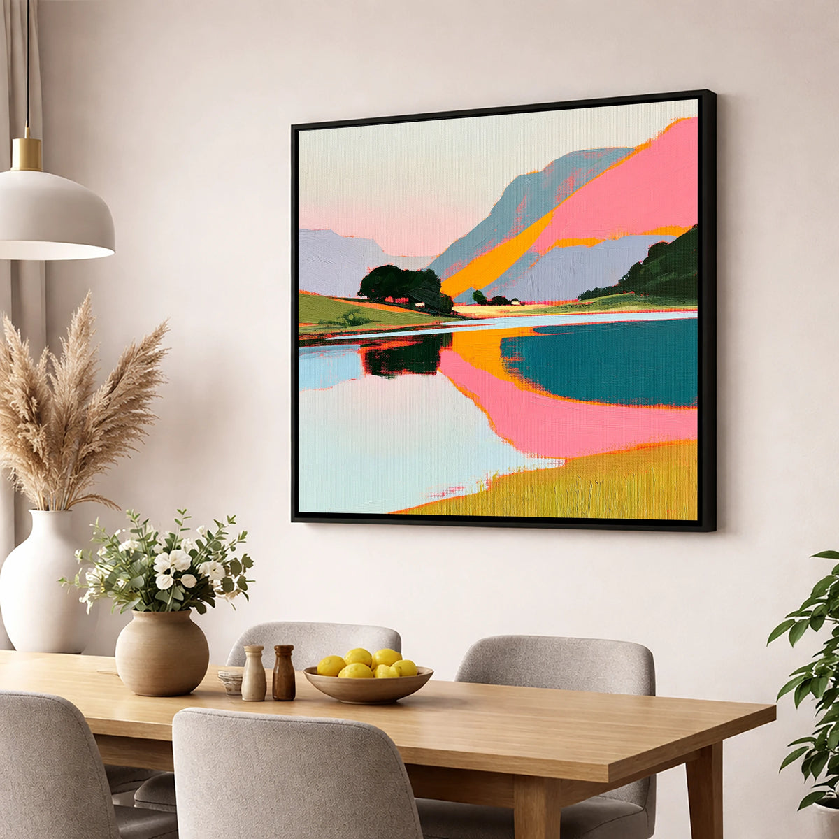 Vibrant Pink Lake At Dawn lake district lake wall art displayed in a dining room