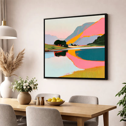 Vibrant Pink Lake At Dawn lake district lake wall art displayed in a dining room