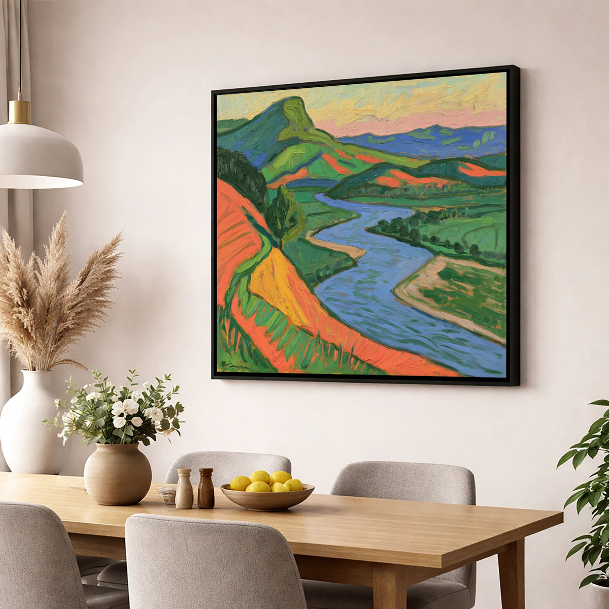 Vivid Orange and Green River Valley lake district waterfall wall art displayed in a dining room