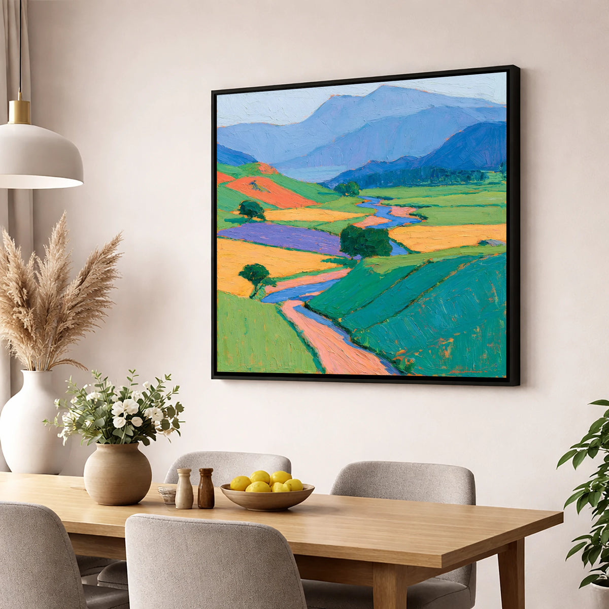 Vibrant Valley in Morning Mist lake district sky wall art displayed in a dining room