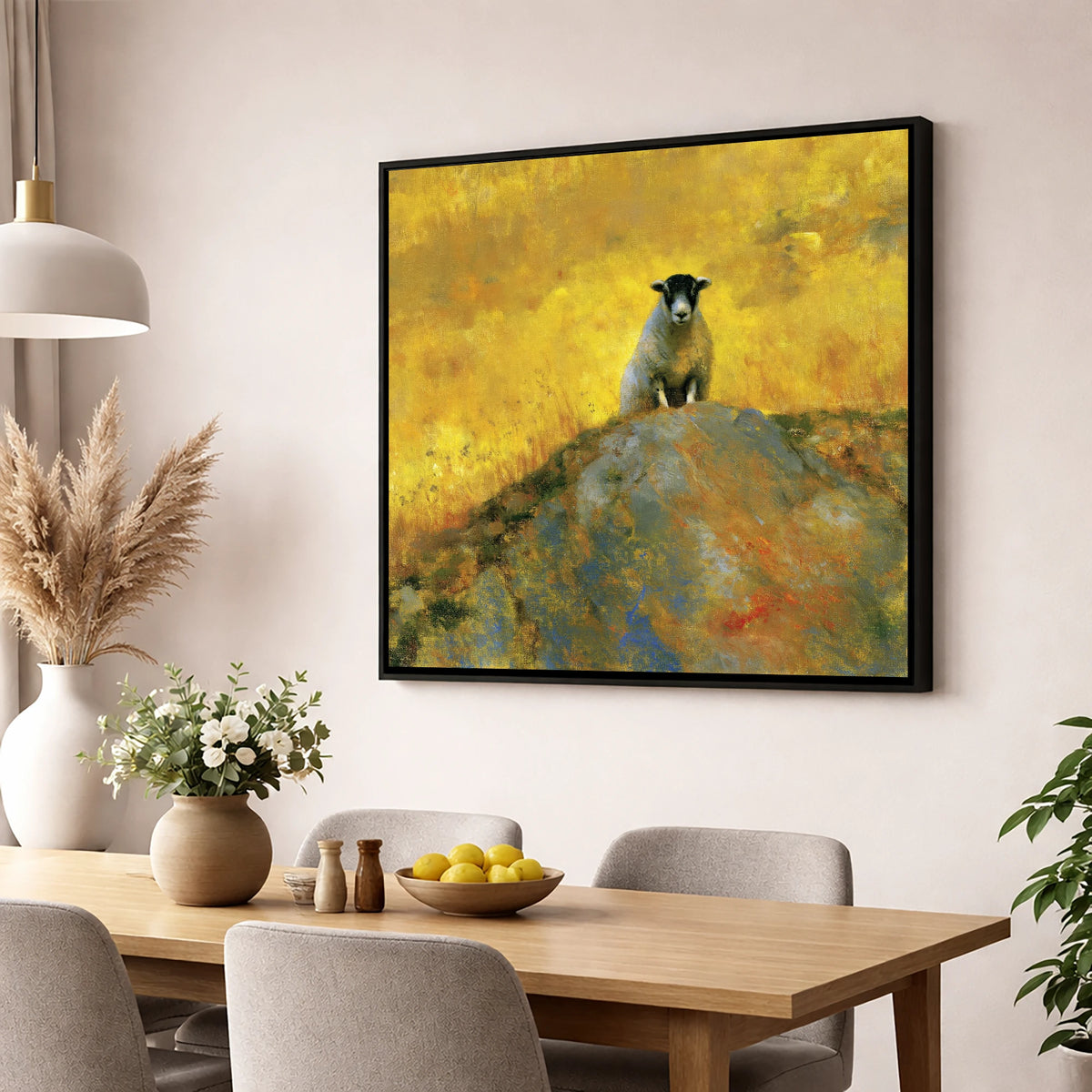 Herdwick Sheep in Golden Light lake district wildlife wall art displayed in a dining room