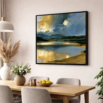 Ochre Dawn Over Still Lake lake district lake wall art displayed in a dining room