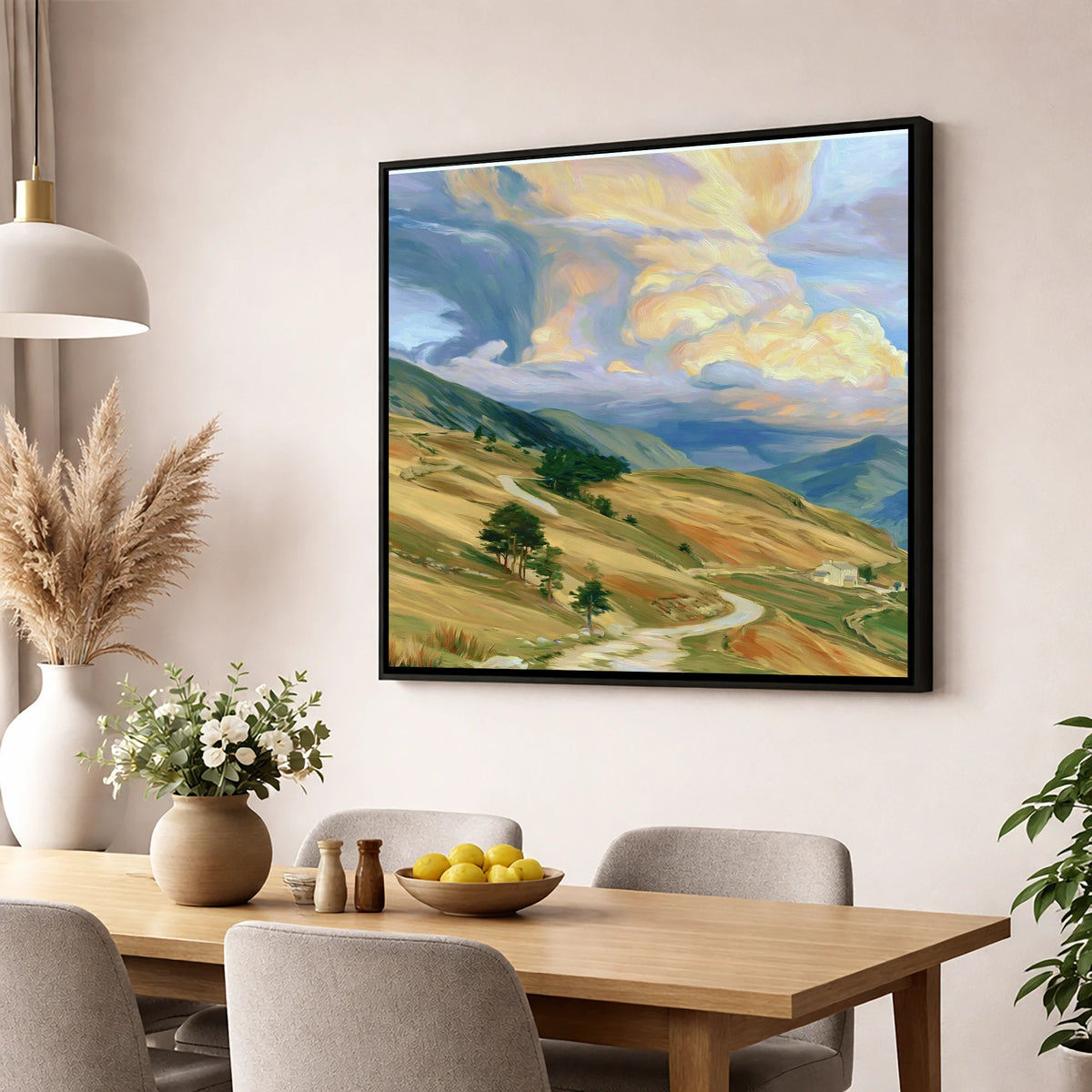 Storm Clouds Over Golden Fells lake district sky wall art displayed in a dining room